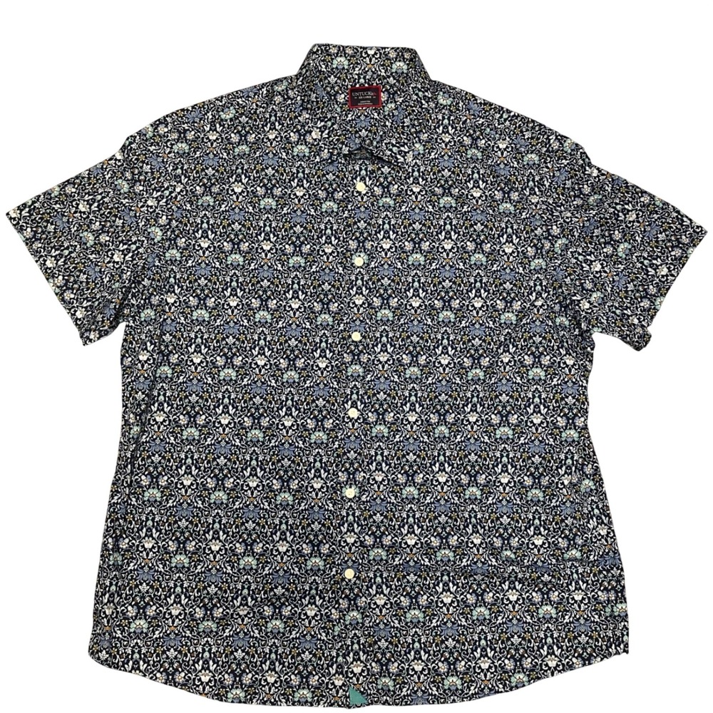 UNTUCKit Alverdi Button Down Shirt Mens XXL Blue Floral Damask Short Sleeve - Picture 2 of 9